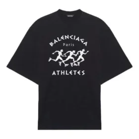 Miesten Balenciaga -juoksupaita, kuviopainatus ja logo, väljä, lyhythihainen, musta 641614TJVK61070 Miesten Balenciaga -juoksupaita, kuviopainatus ja logo, väljä, lyhythihainen, musta 641614TJVK61070