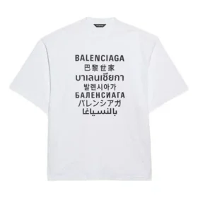 Miesten Balenciaga-paita, jossa on tekstipainatus, pyöreä kaulus ja lyhyet hihat, valkoinen 641614TJVI39040 Miesten Balenciaga-paita, jossa on tekstipainatus, pyöreä kaulus ja lyhyet hihat, valkoinen 641614TJVI39040